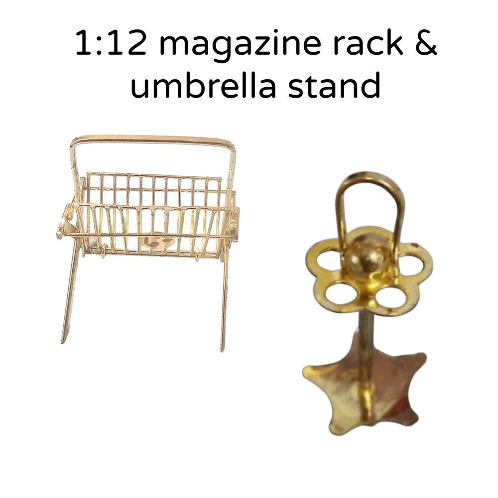 1:12‎ Dollhouse MCM Miniature Gold Metal Magazine Rack and Umbrella Stand Set